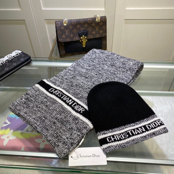 Dior Pompom Beanie & Scarf Set In Grey