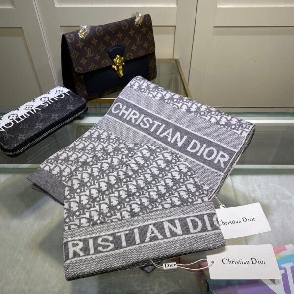 Dior Pompom Beanie & Scarf Set In Grey