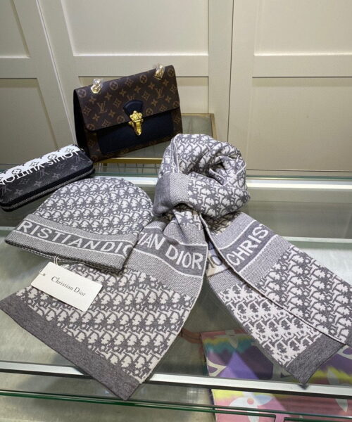 Dior Pompom Beanie & Scarf Set In Grey