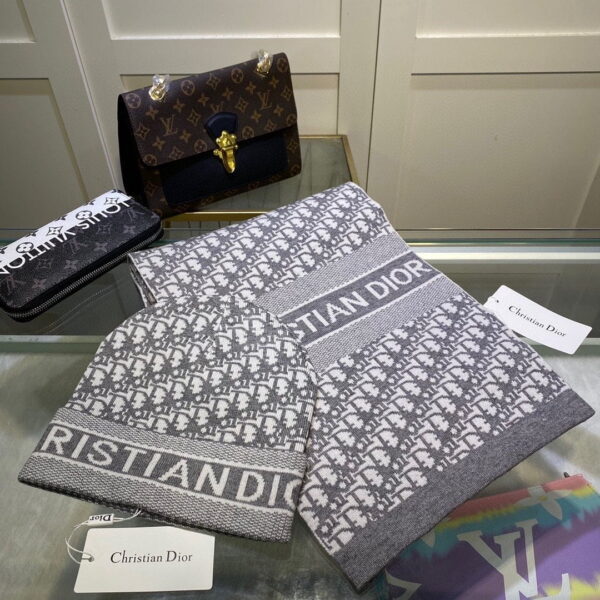 Dior Pompom Beanie & Scarf Set In Grey
