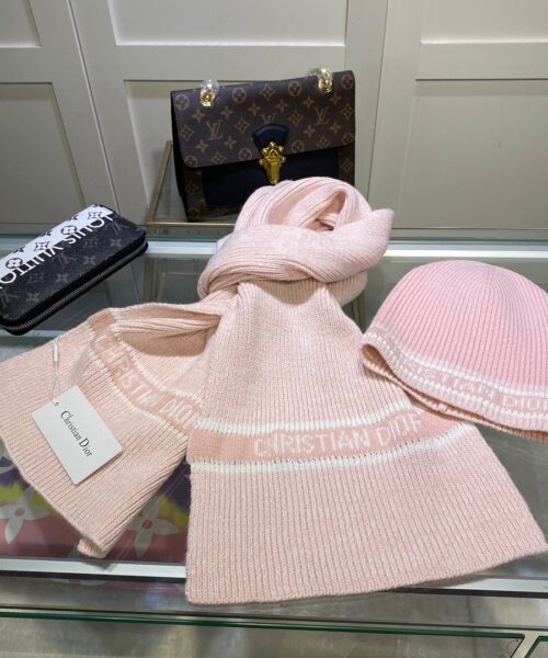Dior Pompom Beanie & Scarf Set In Pink