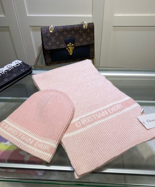 Dior Pompom Beanie & Scarf Set In Pink 