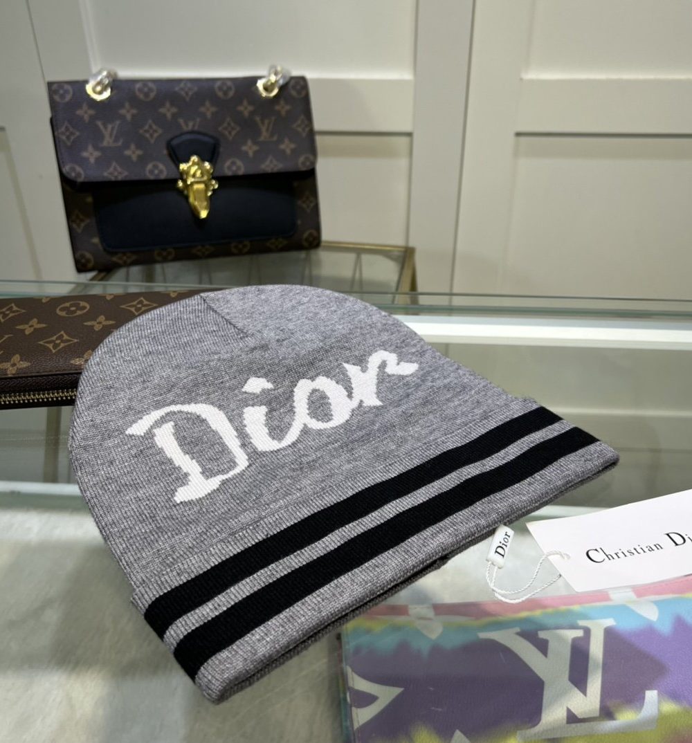 Dior Pompom Beanie In Grey