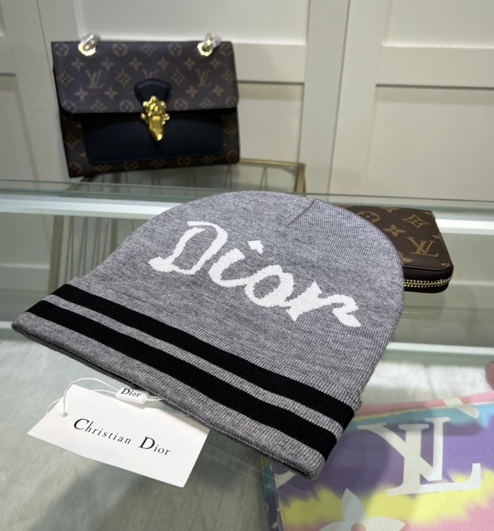 Dior Pompom Beanie In Grey