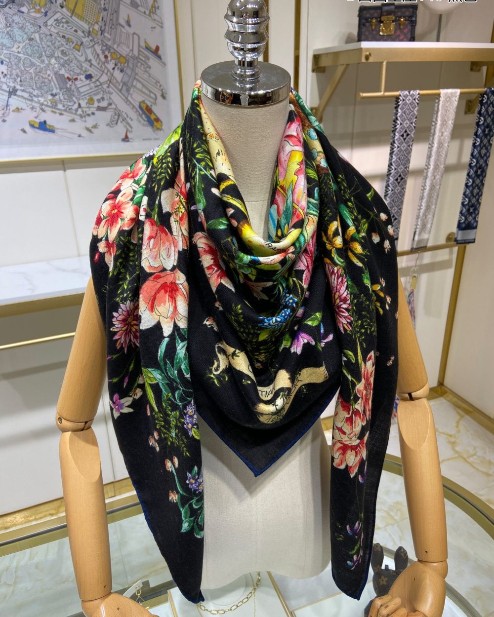 Dior Silk Cashmere Square Multicolor Flower in Black Scarf 140cm/55in 