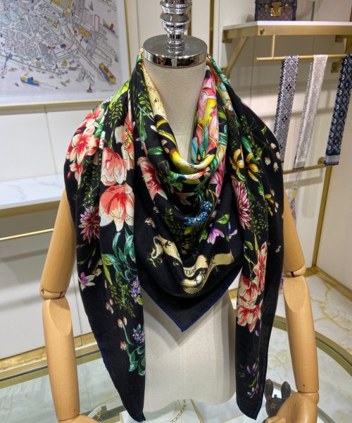 Dior Silk Cashmere Square Multicolor Flower in Black Scarf 140cm/55in 