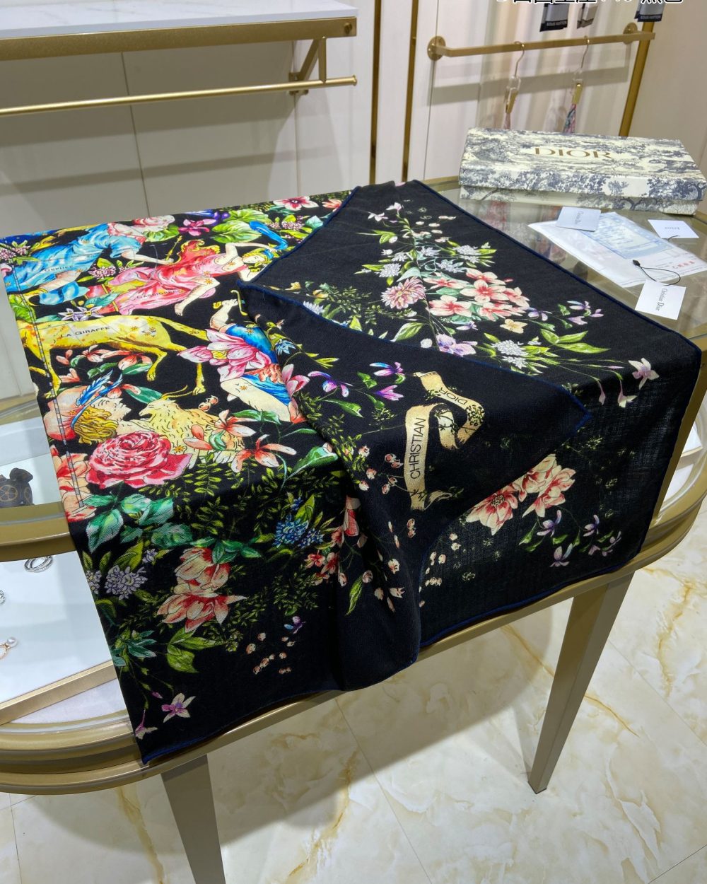 Dior Silk Cashmere Square Multicolor Flower in Black Scarf 140cm/55in 