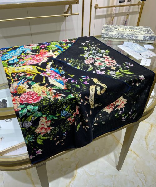 Dior Silk Cashmere Square Multicolor Flower in Black Scarf 140cm/55in 