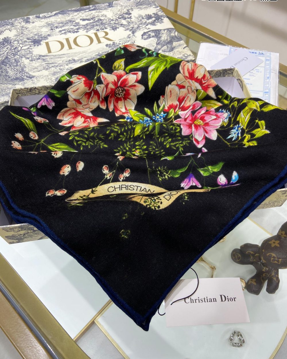 Dior Silk Cashmere Square Multicolor Flower in Black Scarf 140cm/55in 