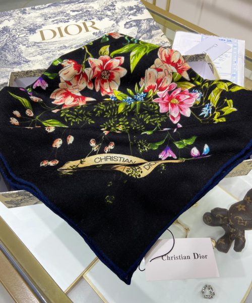 Dior Silk Cashmere Square Multicolor Flower in Black Scarf 140cm/55in 