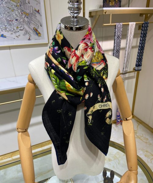 Dior Silk Cashmere Square Multicolor Flower in Black Scarf 140cm/55in 