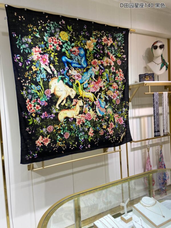 Dior Silk Cashmere Square Multicolor Flower in Black Scarf 140cm/55in 