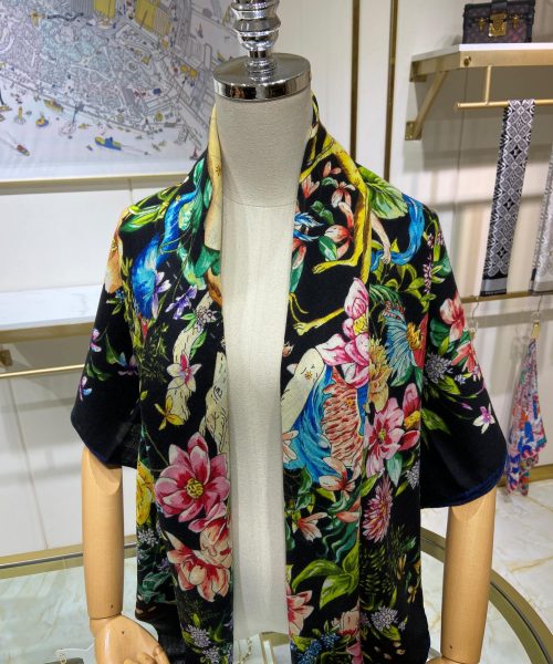 Dior Silk Cashmere Square Multicolor Flower in Black Scarf 140cm/55in 