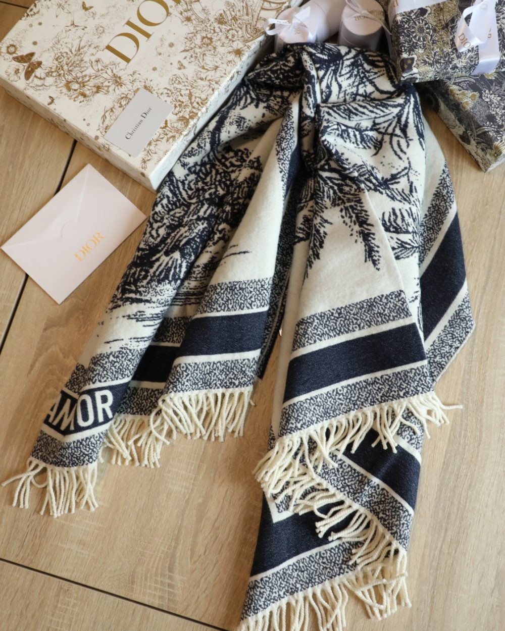 Dior Silk Square Ivory and Navy Blue Scarf 150cm/71in 
