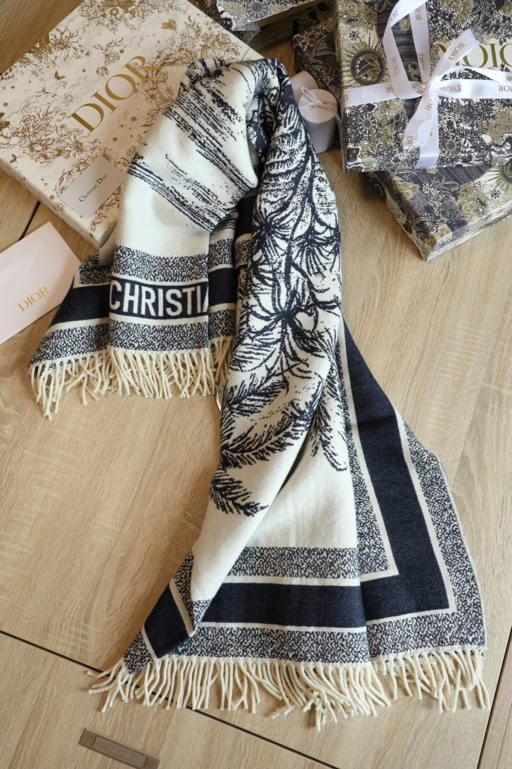 Dior Silk Square Ivory and Navy Blue Scarf 150cm/71in  - Image 6