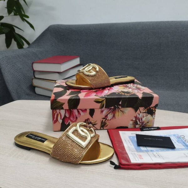 Dolce & Gabbana Crystal Mesh Sliders With DG Logo Gold For Women DG Shoes