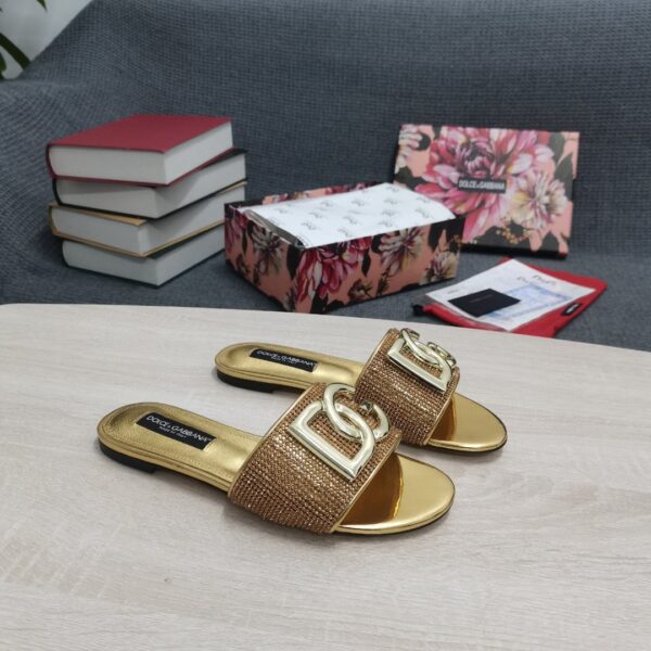 Dolce & Gabbana Crystal Mesh Sliders With DG Logo Gold For Women DG Shoes