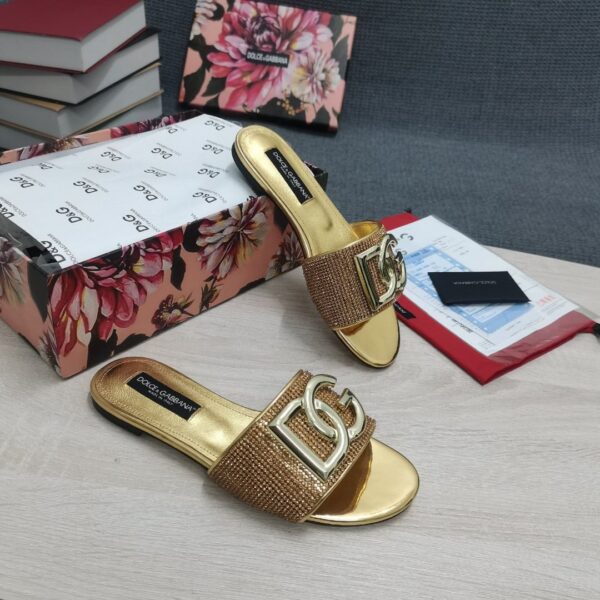 Dolce & Gabbana Crystal Mesh Sliders With DG Logo Gold For Women DG Shoes
