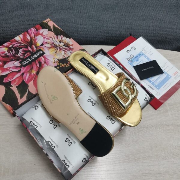Dolce & Gabbana Crystal Mesh Sliders With DG Logo Gold For Women DG Shoes