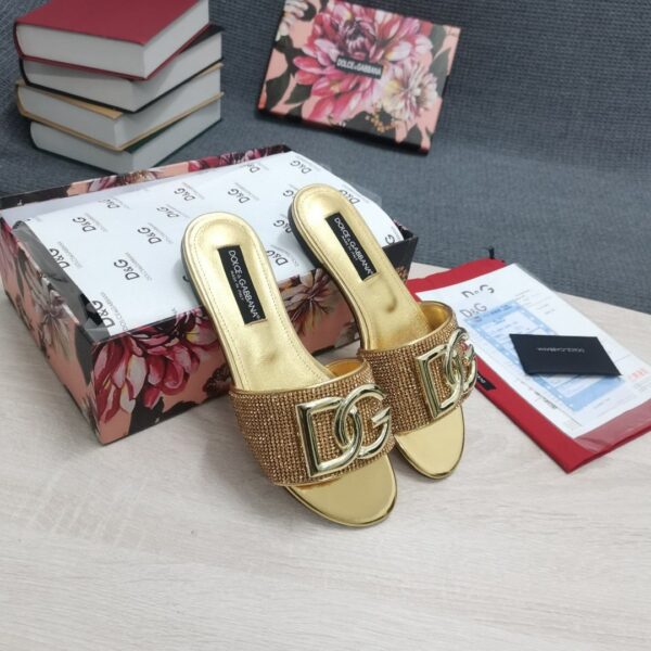 Dolce & Gabbana Crystal Mesh Sliders With DG Logo Gold For Women DG Shoes