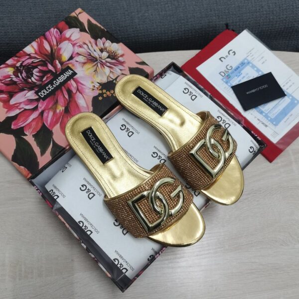 Dolce & Gabbana Crystal Mesh Sliders With DG Logo Gold For Women DG Shoes