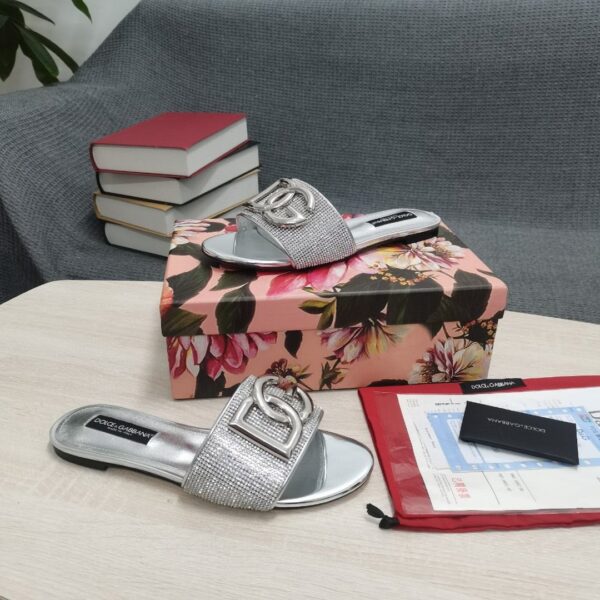 Dolce & Gabbana Crystal Mesh Sliders With DG Logo Silver For Women DG Shoes  CQ0520AD7218D708