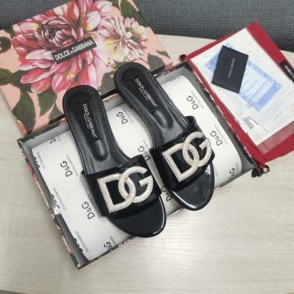 Dolce & Gabbana Foiled Iguana-Print Slides With Rhinestone-Detailed DG Logo Black For Women DG Shoes