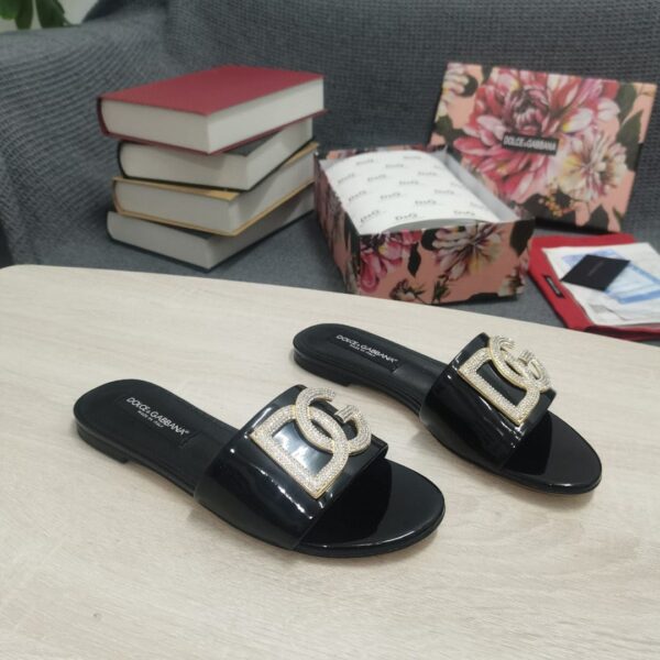 Dolce & Gabbana Foiled Iguana-Print Slides With Rhinestone-Detailed DG Logo Black For Women DG Shoes