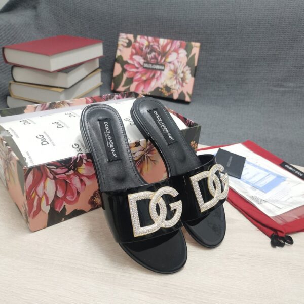 Dolce & Gabbana Foiled Iguana-Print Slides With Rhinestone-Detailed DG Logo Black For Women DG Shoes