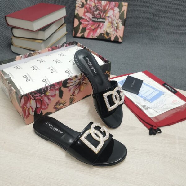 Dolce & Gabbana Foiled Iguana-Print Slides With Rhinestone-Detailed DG Logo Black For Women DG Shoes