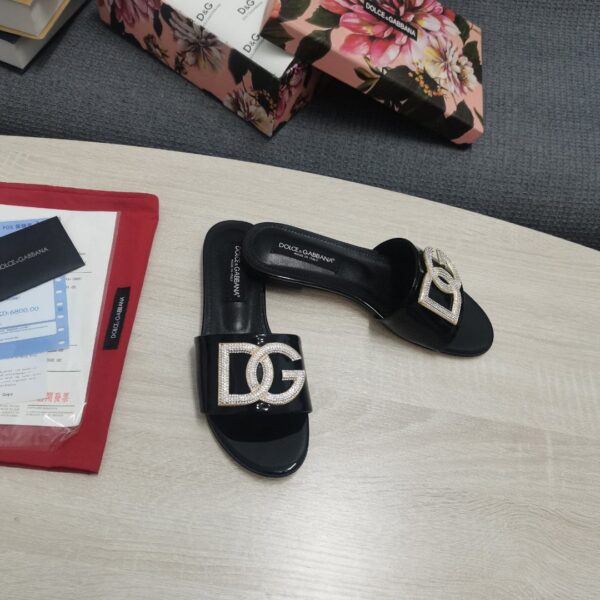 Dolce & Gabbana Foiled Iguana-Print Slides With Rhinestone-Detailed DG Logo Black For Women DG Shoes