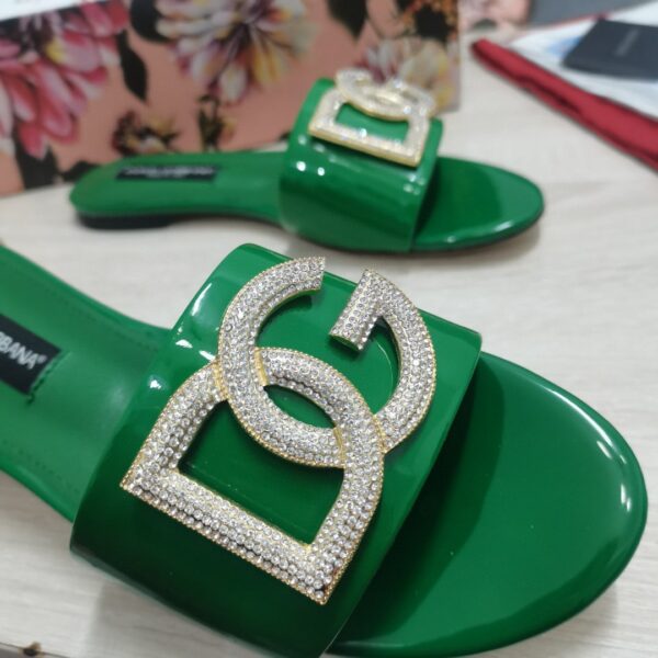 Dolce & Gabbana Foiled Iguana-Print Slides With Rhinestone-Detailed DG Logo Green For Women DG Shoes