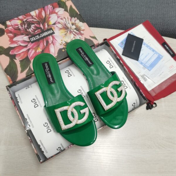 Dolce & Gabbana Foiled Iguana-Print Slides With Rhinestone-Detailed DG Logo Green For Women DG Shoes