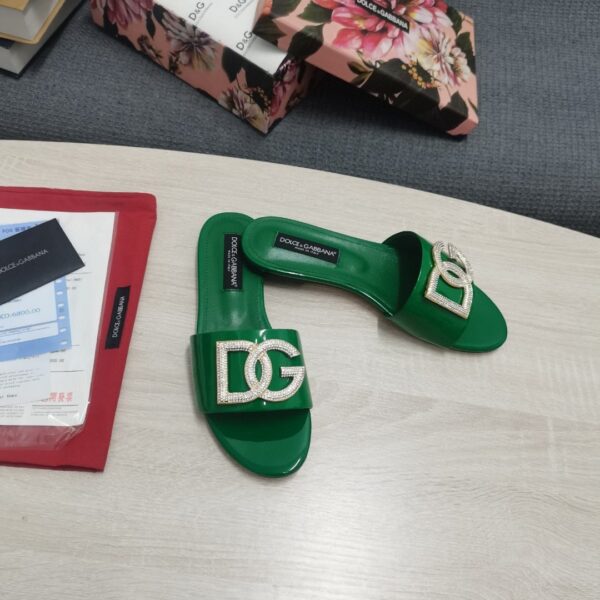 Dolce & Gabbana Foiled Iguana-Print Slides With Rhinestone-Detailed DG Logo Green For Women DG Shoes