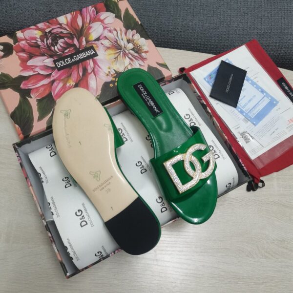 Dolce & Gabbana Foiled Iguana-Print Slides With Rhinestone-Detailed DG Logo Green For Women DG Shoes