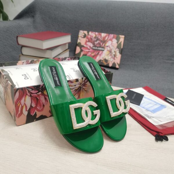 Dolce & Gabbana Foiled Iguana-Print Slides With Rhinestone-Detailed DG Logo Green For Women DG Shoes
