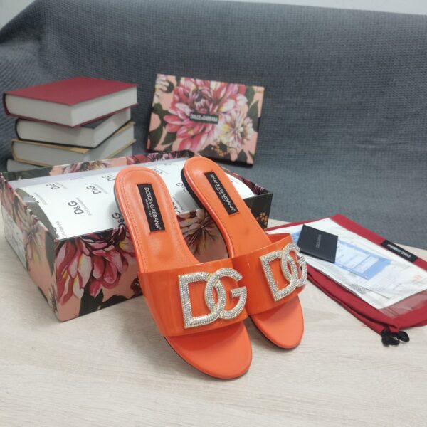 Dolce & Gabbana Foiled Iguana-Print Slides With Rhinestone-Detailed DG Logo Orange For Women DG Shoes