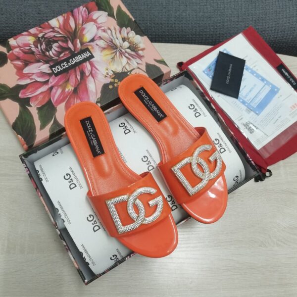Dolce & Gabbana Foiled Iguana-Print Slides With Rhinestone-Detailed DG Logo Orange For Women DG Shoes