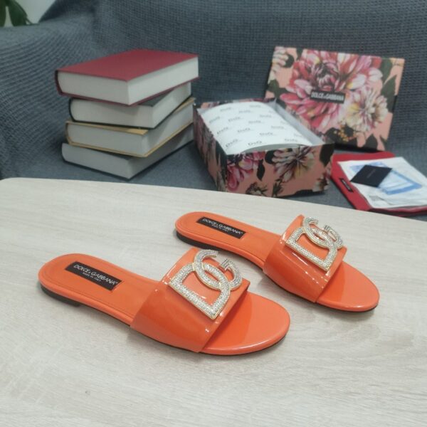 Dolce & Gabbana Foiled Iguana-Print Slides With Rhinestone-Detailed DG Logo Orange For Women DG Shoes