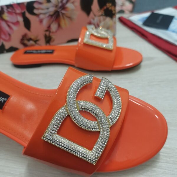 Dolce & Gabbana Foiled Iguana-Print Slides With Rhinestone-Detailed DG Logo Orange For Women DG Shoes