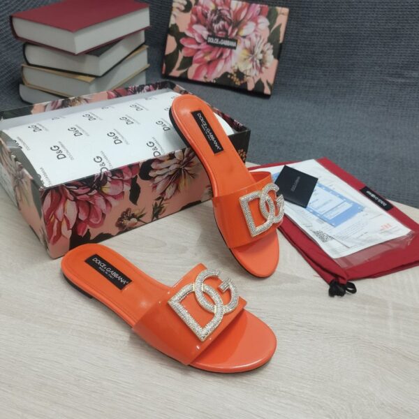 Dolce & Gabbana Foiled Iguana-Print Slides With Rhinestone-Detailed DG Logo Orange For Women DG Shoes
