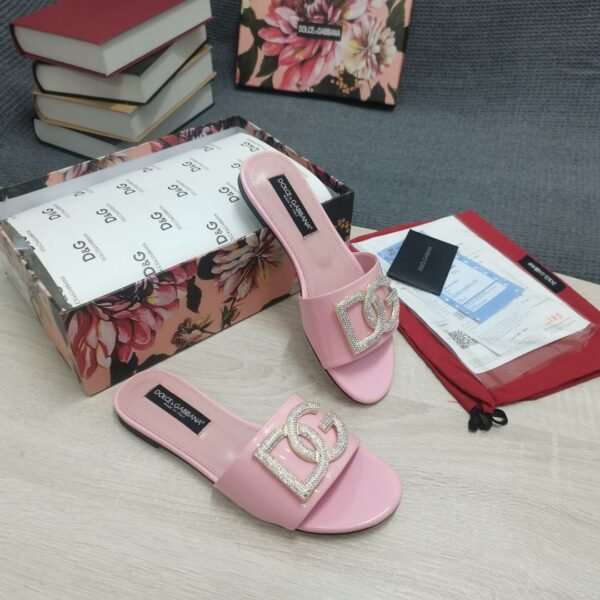 Dolce & Gabbana Foiled Iguana-Print Slides With Rhinestone-Detailed DG Logo Pink For Women DG Shoes