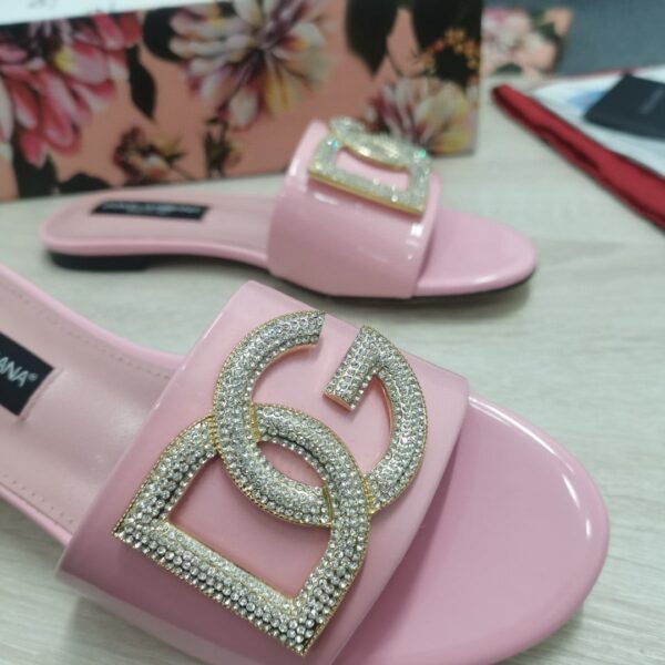 Dolce & Gabbana Foiled Iguana-Print Slides With Rhinestone-Detailed DG Logo Pink For Women DG Shoes