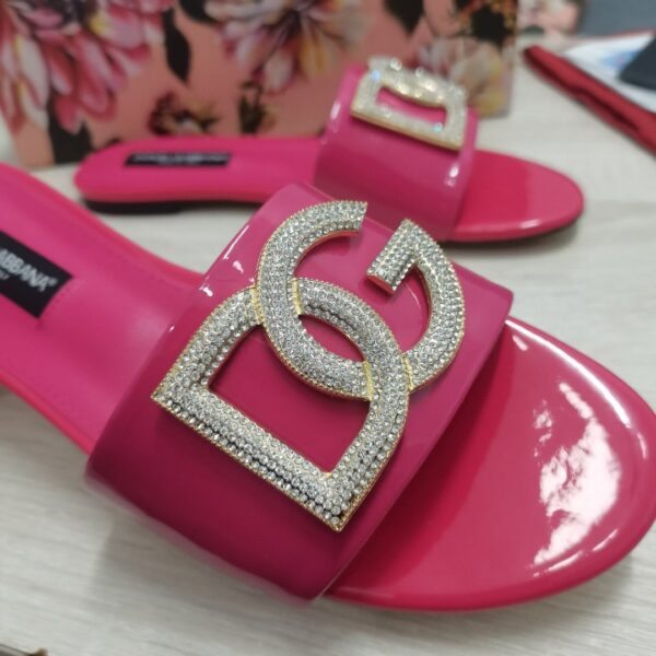 Dolce & Gabbana Foiled Iguana-Print Slides With Rhinestone-Detailed DG Logo Pink For Women DG Shoes
