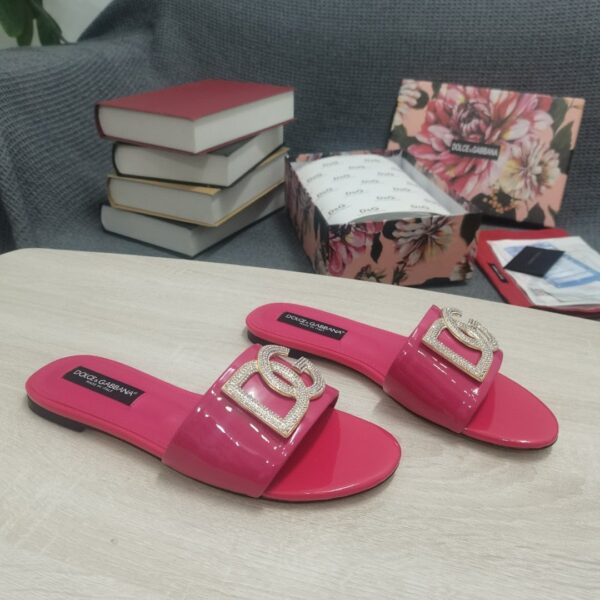 Dolce & Gabbana Foiled Iguana-Print Slides With Rhinestone-Detailed DG Logo Pink For Women DG Shoes