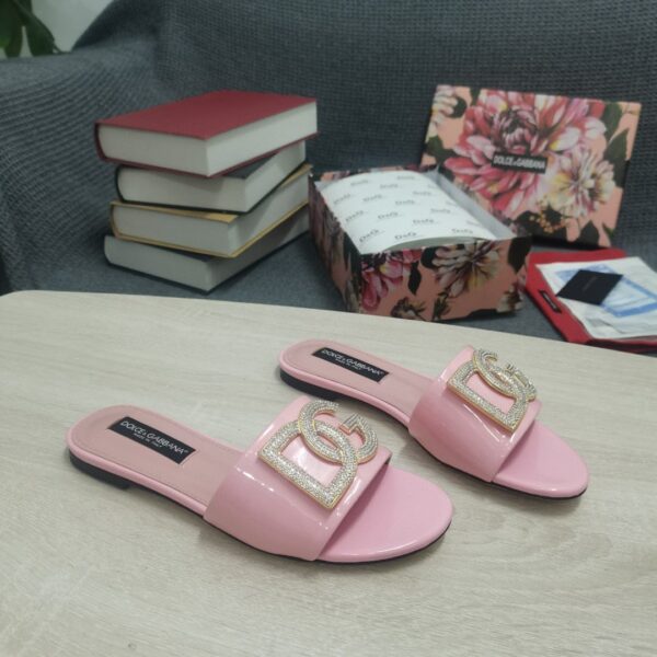Dolce & Gabbana Foiled Iguana-Print Slides With Rhinestone-Detailed DG Logo Pink For Women DG Shoes