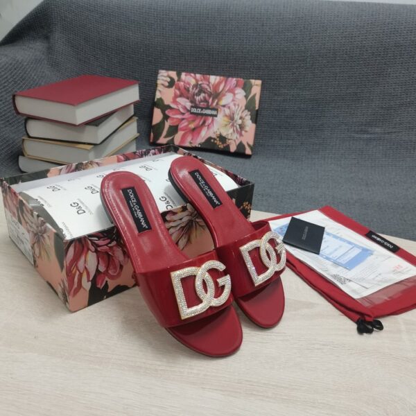 Dolce & Gabbana Foiled Iguana-Print Slides With Rhinestone-Detailed DG Logo Red For Women DG Shoes