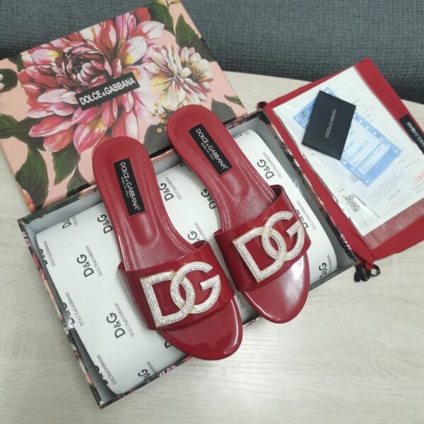 Dolce & Gabbana Foiled Iguana-Print Slides With Rhinestone-Detailed DG Logo Red For Women DG Shoes