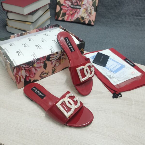 Dolce & Gabbana Foiled Iguana-Print Slides With Rhinestone-Detailed DG Logo Red For Women DG Shoes