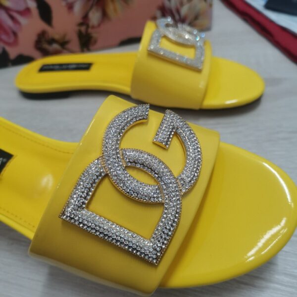 Dolce & Gabbana Foiled Iguana-Print Slides With Rhinestone-Detailed DG Logo Yellow For Women DG Shoes